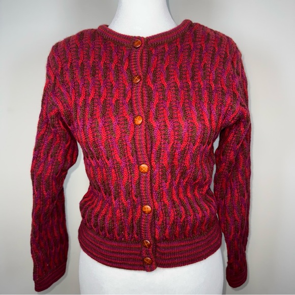 Liz Claiborne Sweaters - Liz Claiborne Vintage 100% Wool Cable Knit Cardigan, Petite L, Bold Retro